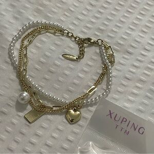 Ping Gold and White Pearl Heart Charm Bracelet